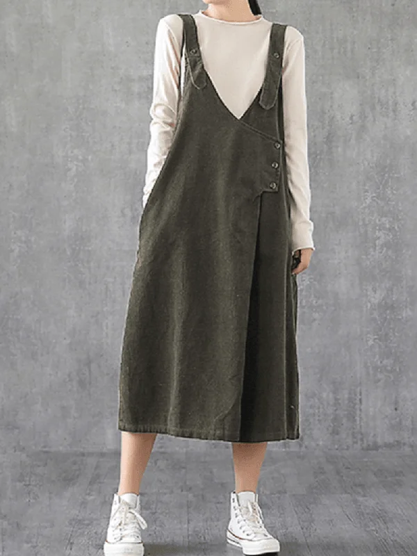 Comfy Pieces Easy Fashion Women Corduroy Adjustable Shoulder Strap V-Neck Solid Side Pocket Casual Midi Dress