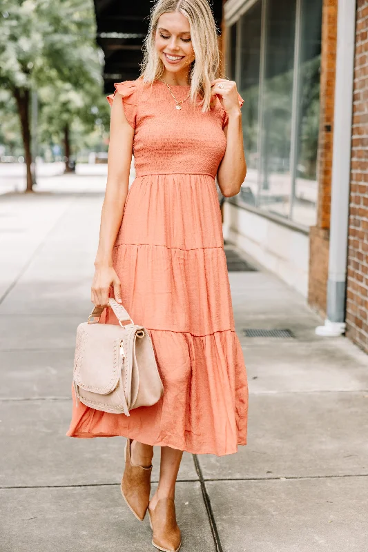 Fashionable Street Comfort Casual Comfort Learn To Love Sienna Orange Smocked Midi Dress Fashionable Street Comfort Casual Comfort Learn To Love Sienna Orange Smocked Midi Dress