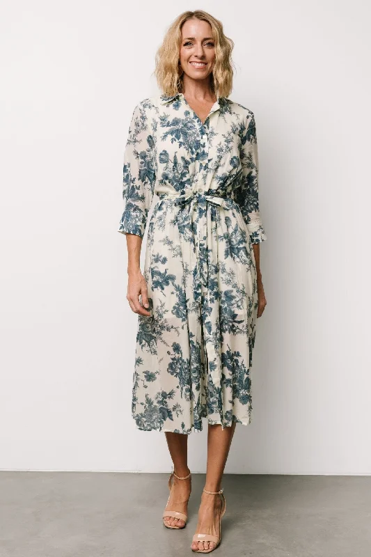 Simple Fashion Styles Easy Fashion Eunice Button Midi Dress | Ivory + Blue Floral