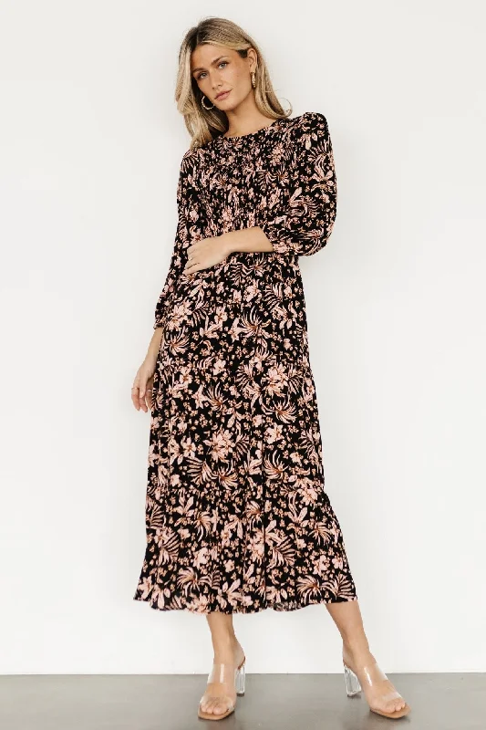 Cozy Everyday Outfits Warm Layers Rochelle Smocked Midi Dress | Black Multi Floral