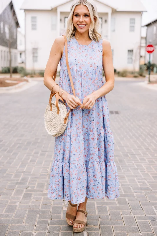 Comfortable Textiles Comfy Styling As A Matter Of Fact Blue Ditsy Floral Midi Dress