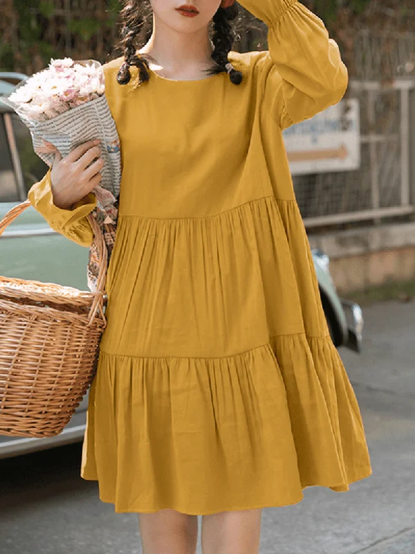 Cozy Essentials Affordable Outfits Women Cotton Solid Color Pleats O-Neck Long Sleeve Casual Dress Cozy Essentials Affordable Outfits Women Cotton Solid Color Pleats O-Neck Long Sleeve Casual Dress