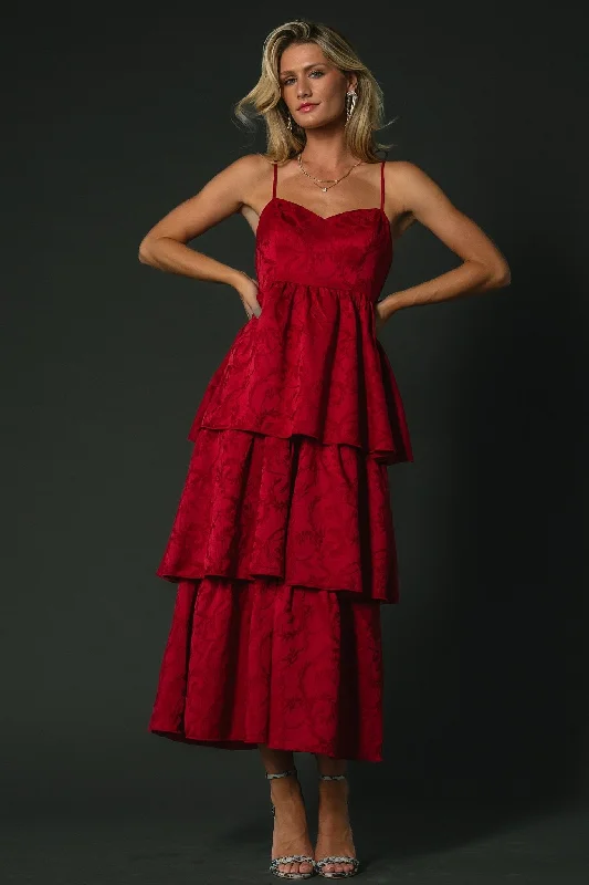 Relaxed Chic Warm Layers Violetta Embossed Tiered Dress | Deep Red