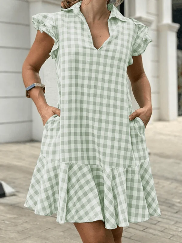 Effortless Chic Looks Relaxed Fashion Lapel Plaid Ruffles Side Pocket Summer Dress for Women Effortless Chic Looks Relaxed Fashion Lapel Plaid Ruffles Side Pocket Summer Dress for Women