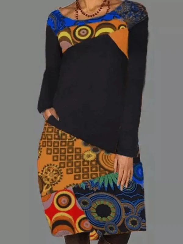 Women Ethnic Pattern Patchwork Casual Print round Neck Long Sleeve Dress