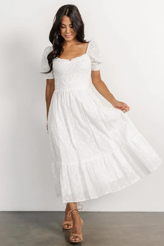 Modern Daywear Comfy Styling Piper Eyelet Midi Dress | Off White