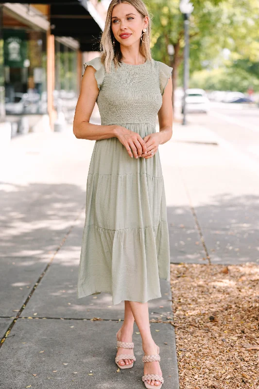 Cozy Fabric Fits Simple Wear Learn To Love Olive Green Smocked Midi Dress