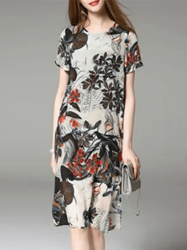 Effortless Wear Fits Easy Fashion Floral Short Sleeve O-Neck Split Mini Dress