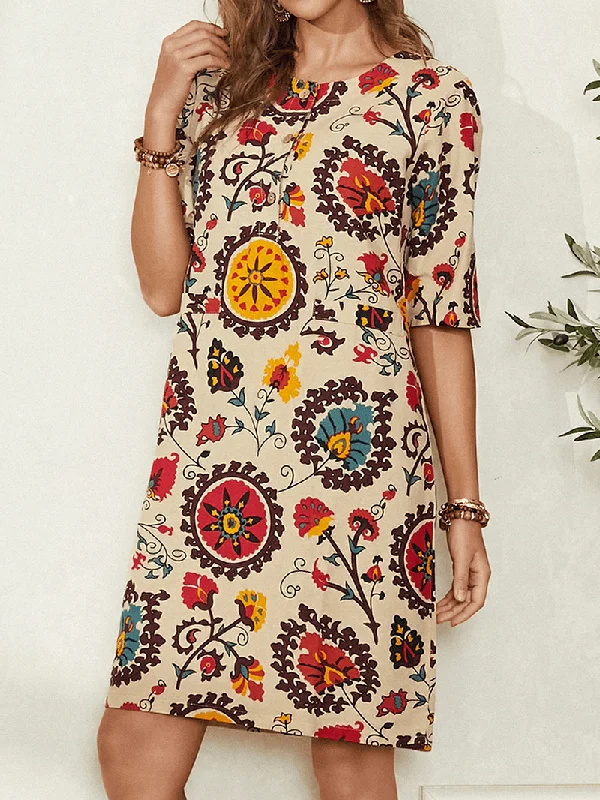 Comfortable Apparel Daily Chic Ethnic Style Print round Neck Bohemia Casual Midi Dress for Women
