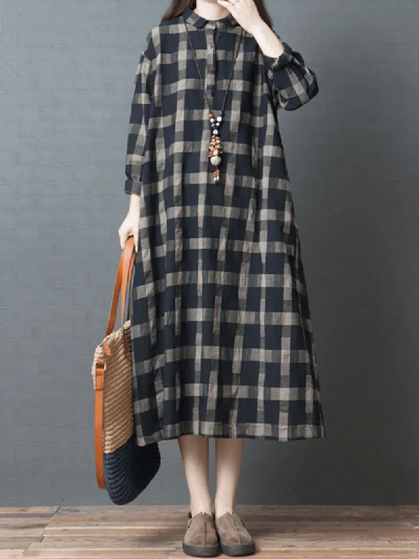 Smart Layered Looks Day Comfort Casual Women Plaid Button Half Sleeve Dress