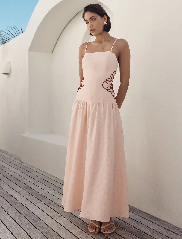 Street Style Comfort Cool Layers Arabelle Applique Linen Midi Dress