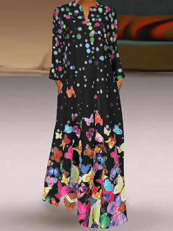 Warm Textures Comfortable Daywear Women Party Bohemian Butterfly Polka Dot Patchwork Pockets Midi Dress Warm Textures Comfortable Daywear Women Party Bohemian Butterfly Polka Dot Patchwork Pockets Midi Dress