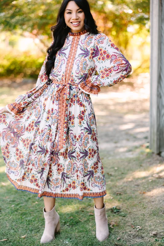 Cozy Fabric Fits Warm Style It's Your Season Ivory White Floral Midi Dress