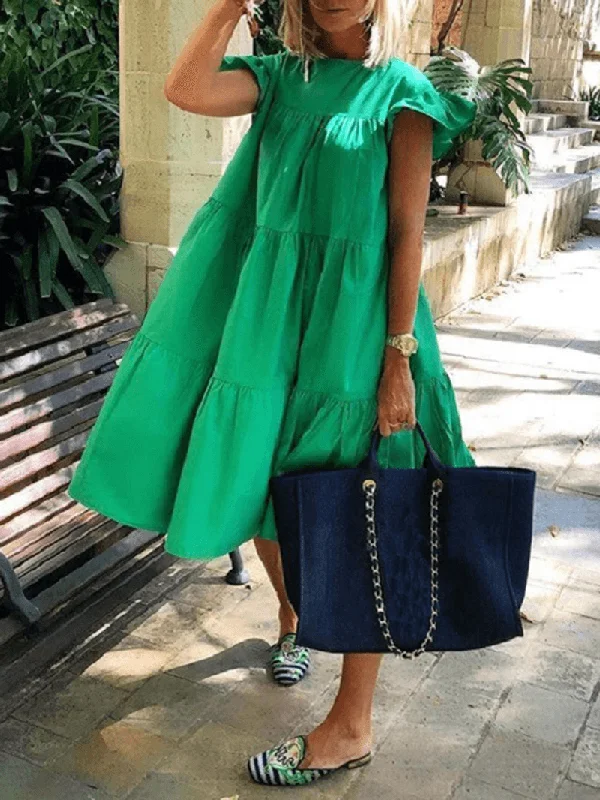 Soft Layers Clothing Stylish Attire Women Solid Color Loose Ruffles Short Sleeve Casual Midi Dresses Soft Layers Clothing Stylish Attire Women Solid Color Loose Ruffles Short Sleeve Casual Midi Dresses