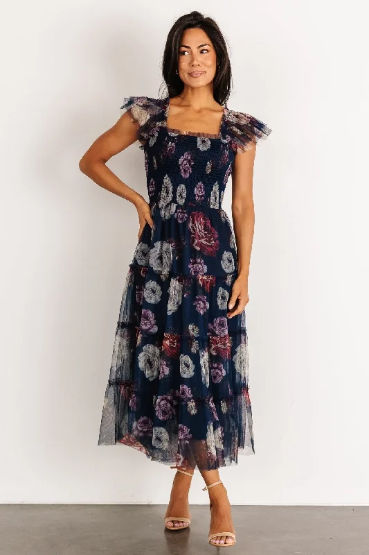 Comfortable Textiles Trendy Layers Clementine Tulle Midi Dress | Navy Floral