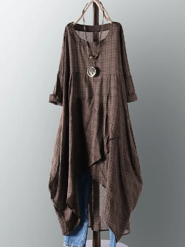 Cozy Street Looks Comfortable Fit Vintage Women Cotton Pocket Plaid Irregular Hem Maxi Dress