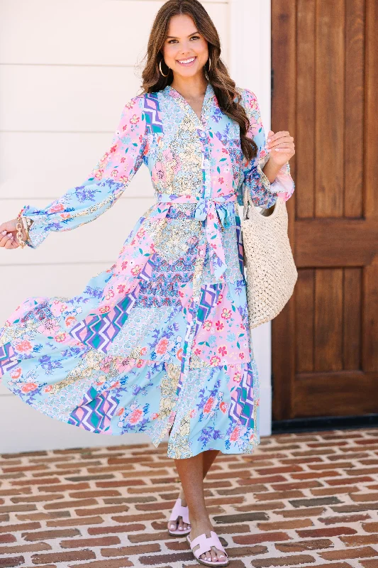 Effortless Wear Fits Casual Looks Lovely New Day Blue Multi Printed Midi Dress
