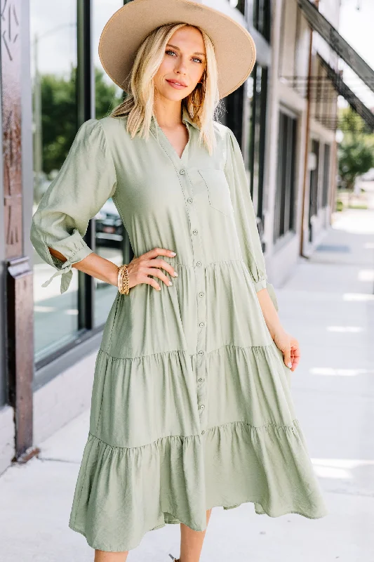 Modern Cozy Looks Day-to-day Comfort Leading Back To You Sage Green Tiered Midi Dress Modern Cozy Looks Day-to-day Comfort Leading Back To You Sage Green Tiered Midi Dress