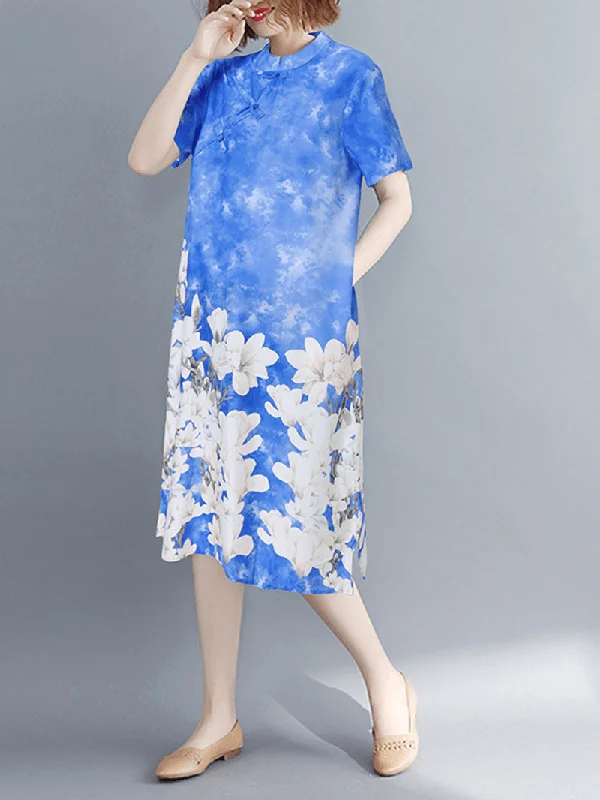 Short Sleeve Spliced Floral Casual Tie-Dyed Dress for Women