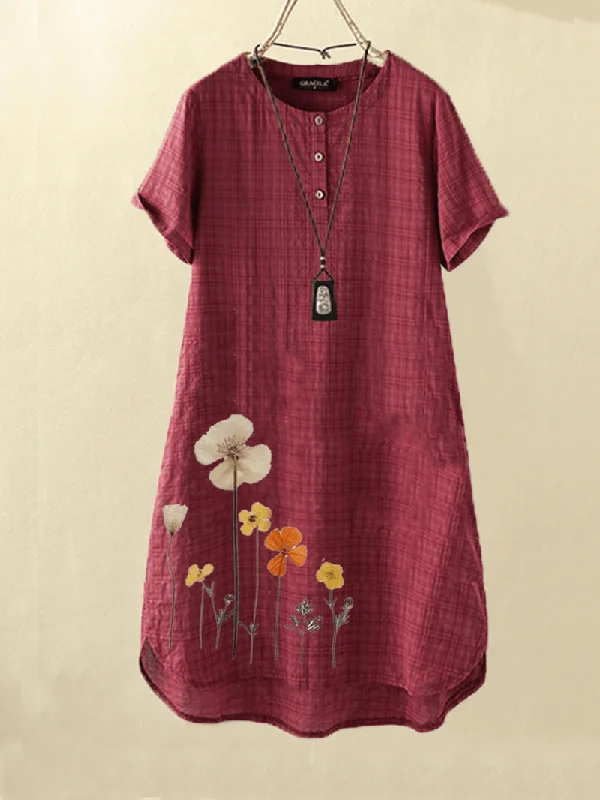 Women Flower Print High-Low Hem Short Sleeve Casual Dress