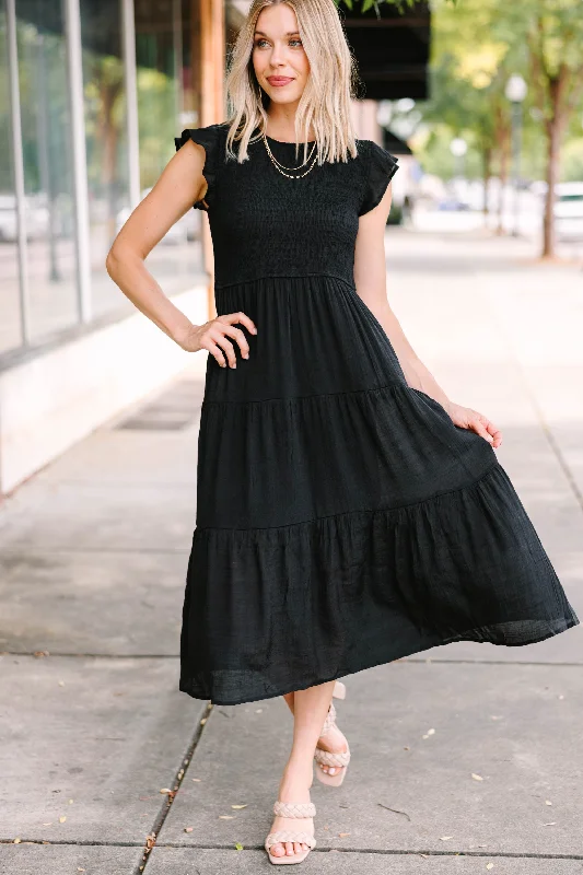Warm Textures Stylish Outfits Learn To Love Black Smocked Midi Dress