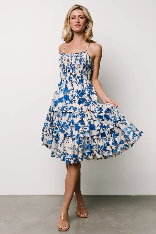 Soft Fabric Choices Relaxed Fits Calina Midi Dress | Ivory + Blue Floral