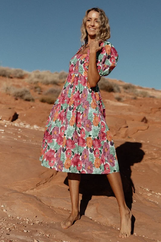 Casual Layers Cozy Looks Aimee Puff Sleeve Midi Dress | Pink Multi