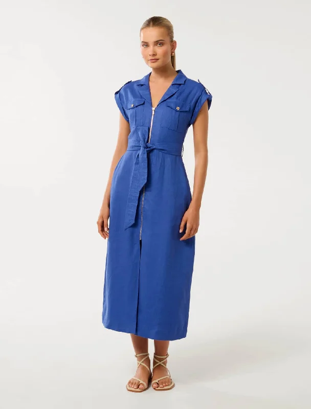 Simple Stylish Wear Warm Comfortwear Alison Linen Front Pocket Zip Utility Midi Dress Simple Stylish Wear Warm Comfortwear Alison Linen Front Pocket Zip Utility Midi Dress