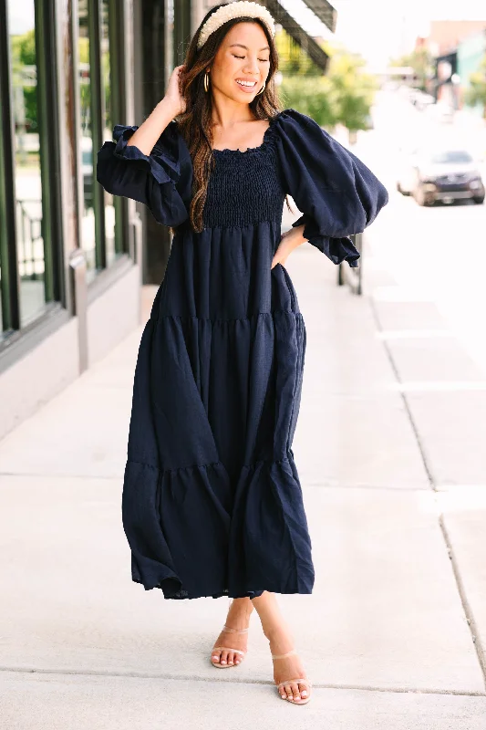 Warm Textures Simple Comforts Make An Entrance Navy Blue Tiered Midi Dress