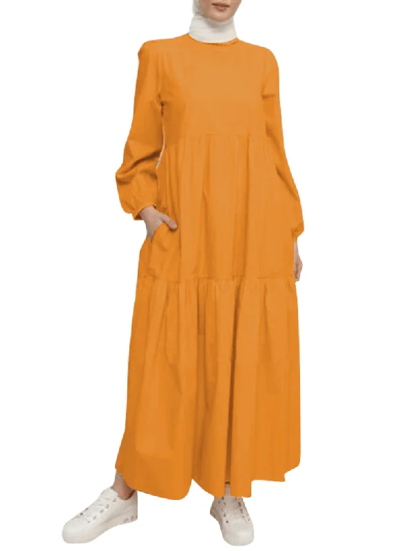 Comfy Fashion Trends Soft Apparel Women Solid Crew Neck Layered Back Buttons Abaya Kaftan Dress Comfy Fashion Trends Soft Apparel Women Solid Crew Neck Layered Back Buttons Abaya Kaftan Dress