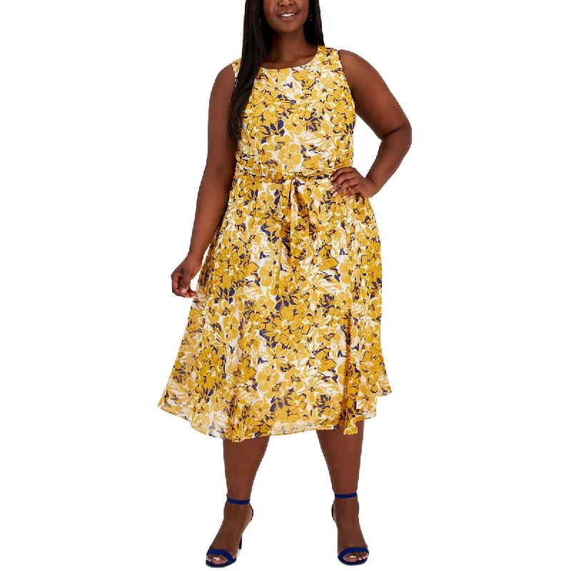 Trendy Easywear Soft Dressing Kasper Womens Plus Floral Belted Midi Dress