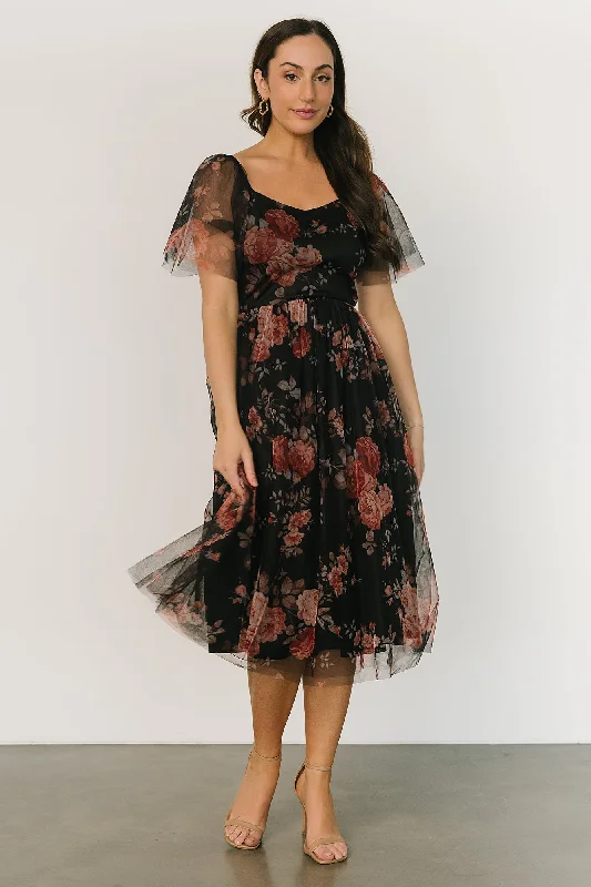 Effortless Fashionwear Casual Layers Gwyneth Tulle Midi Dress | Black Multi