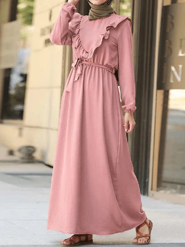 Women Ruffle Trims Lace-Up Solid Color O-Neck Casual Long Sleeve Maxi Dress