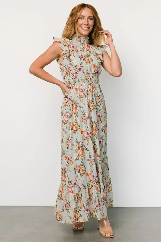 Kearny Ruffle Maxi Dress | Light Blue Floral + Gold