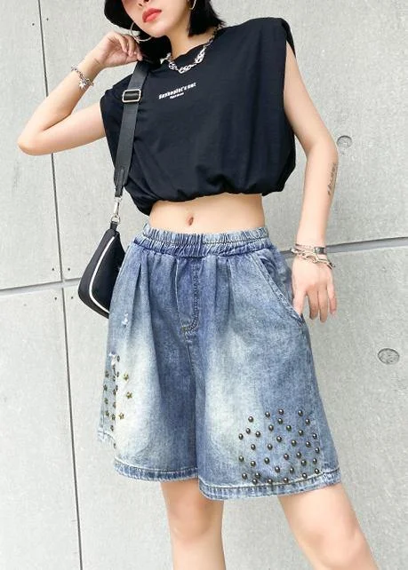 Simple Wear Practical Layers Women's loose straight denim blue shorts large size thin section rivet hole five-point pants Simple Wear Practical Layers Women's loose straight denim blue shorts large size thin section rivet hole five-point pants