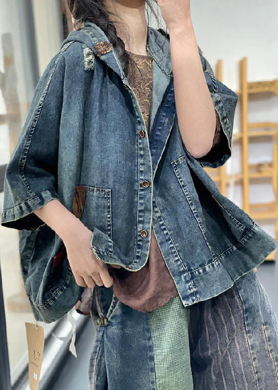 Modern Cozy Looks Elegant Wear Loose Blue Hooded Button Denim Coats Half Sleeve