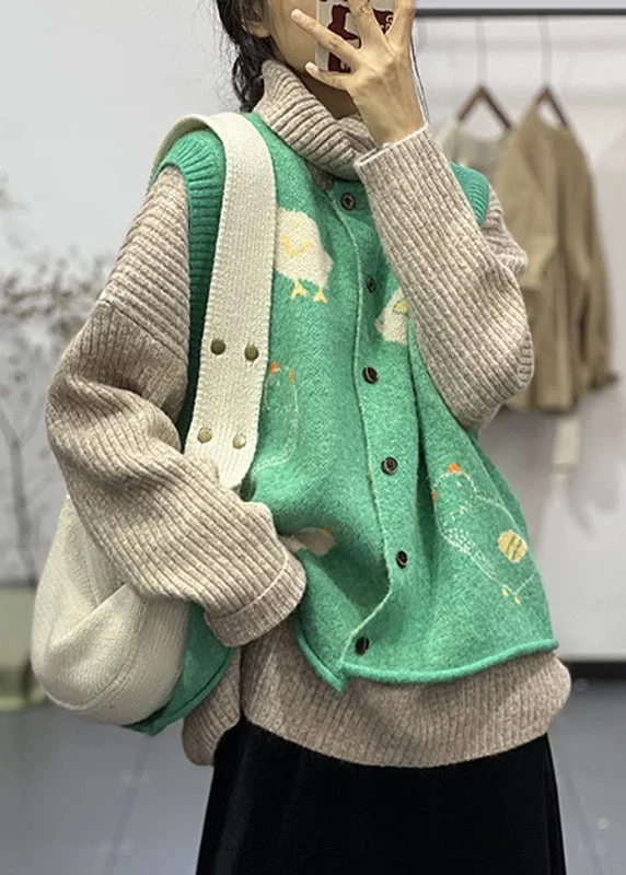 Practical Chic Wear Elegant Comfort Cozy Green O Neck Button Animal Cotton Knit Waistcoat Sleeveless Practical Chic Wear Elegant Comfort Cozy Green O Neck Button Animal Cotton Knit Waistcoat Sleeveless