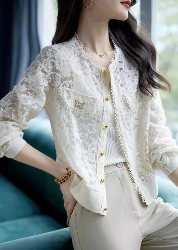 Versatile Comfort Pieces Relaxed Fashion Classy White Hollow Out Button Lace Coats Long Sleeve Versatile Comfort Pieces Relaxed Fashion Classy White Hollow Out Button Lace Coats Long Sleeve