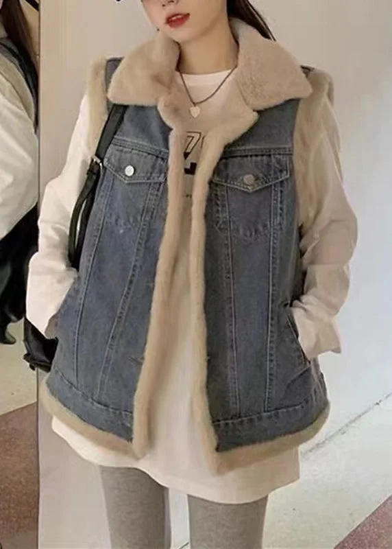 Practical Streetwear Chic Essentials Art Blue Peter Pan Collar Patchwork Warm Fleece Faux Fur Denim Waistcoat Sleeveless Practical Streetwear Chic Essentials Art Blue Peter Pan Collar Patchwork Warm Fleece Faux Fur Denim Waistcoat Sleeveless