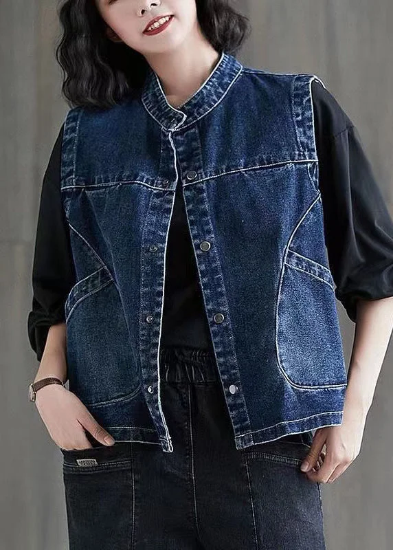 Simple Stylish Wear Chic Everyday Wear Brief Dark Blue Patchwork Button Denim Waistcoat Sleevele Simple Stylish Wear Chic Everyday Wear Brief Dark Blue Patchwork Button Denim Waistcoat Sleevele