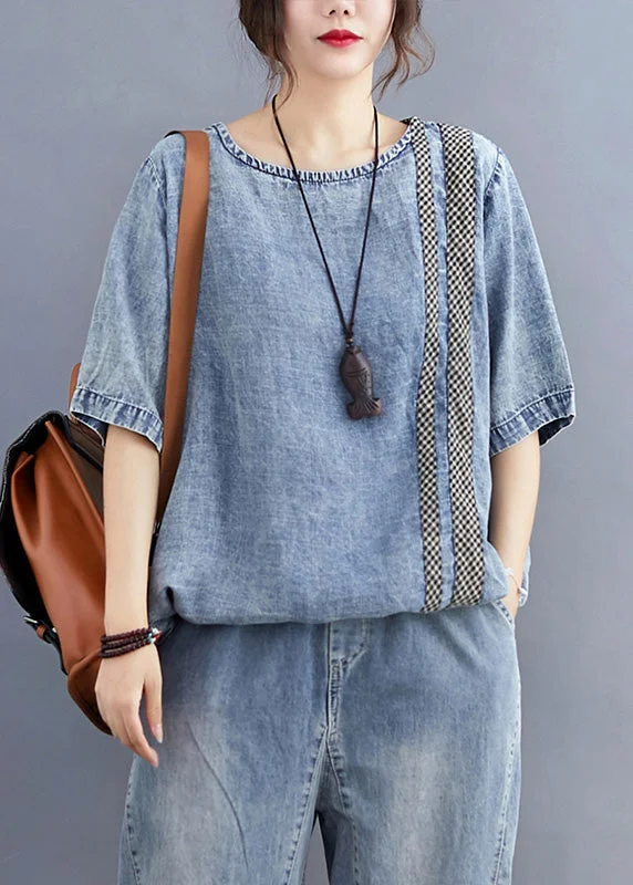 Cozy Fashion Styles Relaxed Fits Retro Denim Blue O-Neck Patchwork Top Half Sleeve