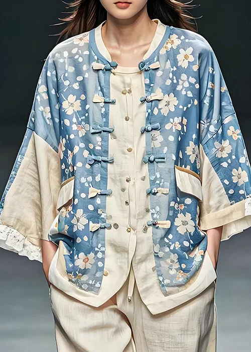 Cozy Essentials Fashionable Comfortwear Women Blue Print Chinese Button Patchwork Cotton Coats Fall