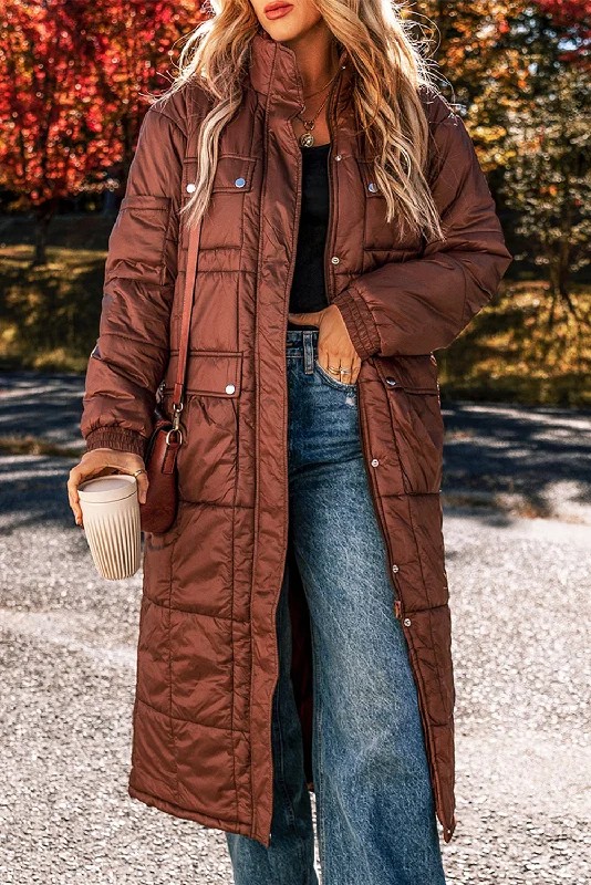 Cozy Essentials Street Comfort Coffee Quilted Zip Up Mid-length Coat
