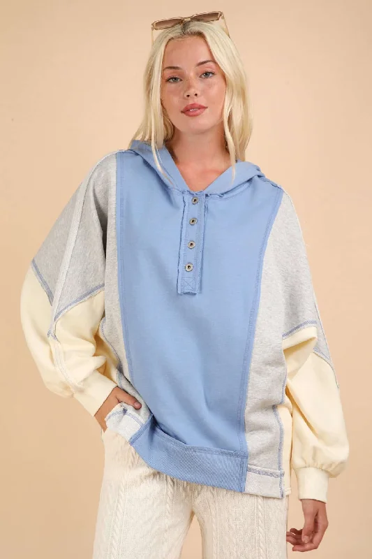 Simple Chic Wear Effortless Style VERY J Exposed Seam Color Block Half Button Hoodie Simple Chic Wear Effortless Style VERY J Exposed Seam Color Block Half Button Hoodie