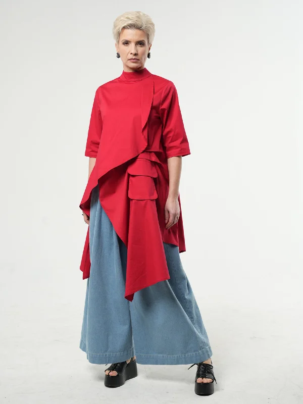 Stylish Comfort Look Comfortable Fits Asymmetric Tunic Shirt In Red