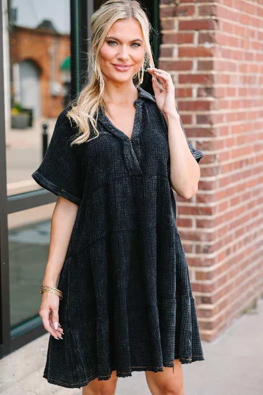 Stylish Comfort Look Practical Comfort All For You Ash Black Tiered Cotton Dress