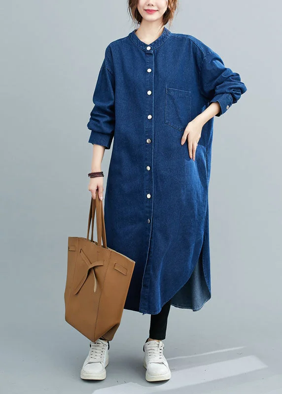 Comfortable Textiles Smart Comfort Simple Denim Blue Stand Collar Oversized Side Open Cotton Shirt Dresses Spring Comfortable Textiles Smart Comfort Simple Denim Blue Stand Collar Oversized Side Open Cotton Shirt Dresses Spring
