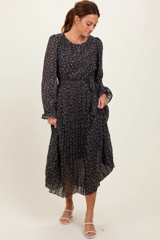 Cozy Looks Street Comfortwear Brown Floral Front Tie Pleated Midi Dress