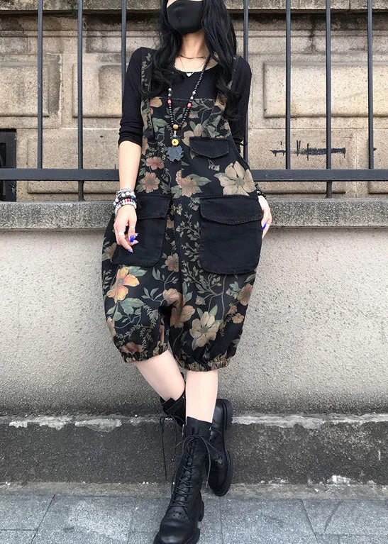 Cozy Everyday Outfits Comfortable Layering Fashion Slash Neck Print Patchwork Button Denim Jumpsuit Spring