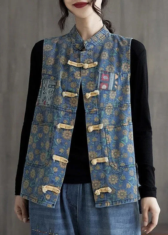 Soft-Fit Wear Versatile Clothing Chinese Style Light Blue Print Button Denim Coats Sleeveless Soft-Fit Wear Versatile Clothing Chinese Style Light Blue Print Button Denim Coats Sleeveless